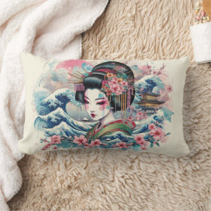 Coussin Rectangle Oriental Geisha Maiko Kanagawa temple des vagues