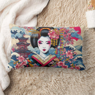 Coussin Rectangle Oriental Geisha Maiko Kanagawa temple des vagues