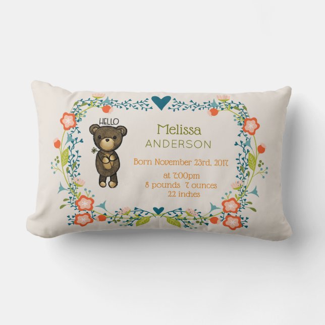 Coussin Rectangle Ours Brown mignon avec naissance à la Fleur Jaune (Recto)
