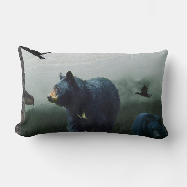 Coussin Rectangle Ours noirs, Corbeau et Totem Poteau Art (Recto)