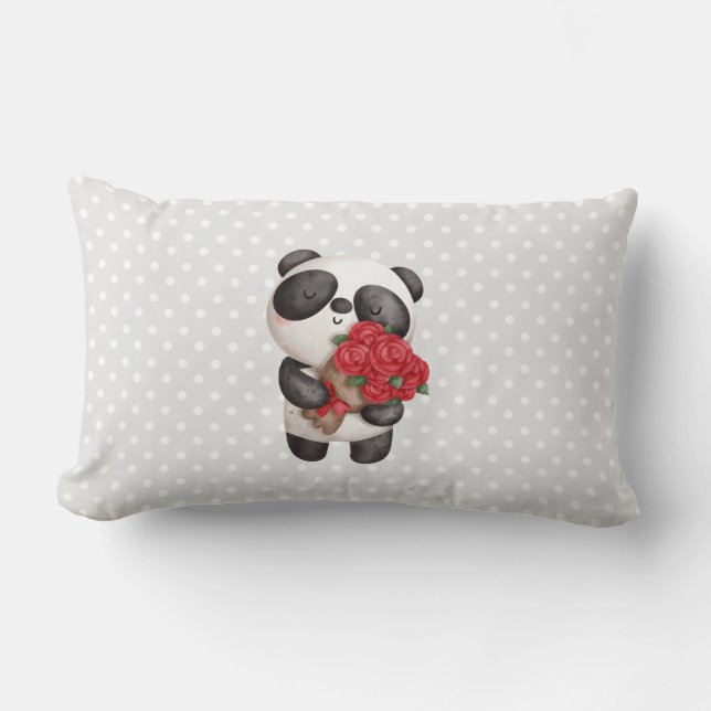 Coussin Rectangle Ours Panda Mignon avec Bouquet de Roses (Recto)