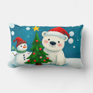 Coussin Rectangle Ours polaire et bonhomme de neige célébrant Noël
