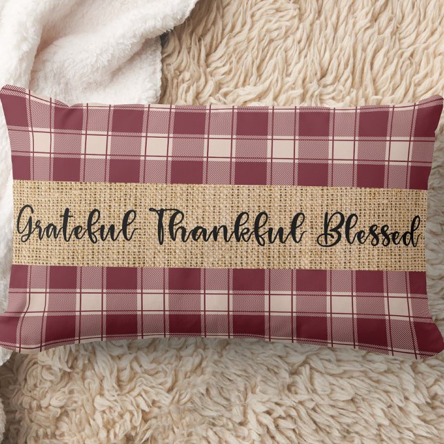 Coussin Rectangle Paid Farmhouse Rustic Thaillow Pillow (Red and cream colored plaid throw pillow with the phrase, grateful, thankful, blessed)