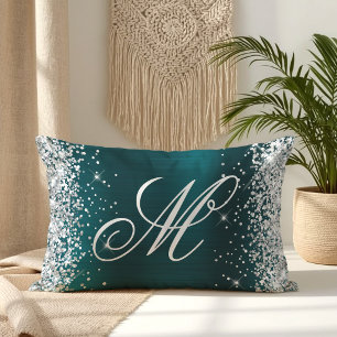 Coussin Rectangle Pailleté Argent Bleu Sarcelle Feuille Monogrammé F