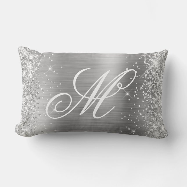 Coussin Rectangle Pailleté Argent Satin Brillante Monogrammé (Recto)