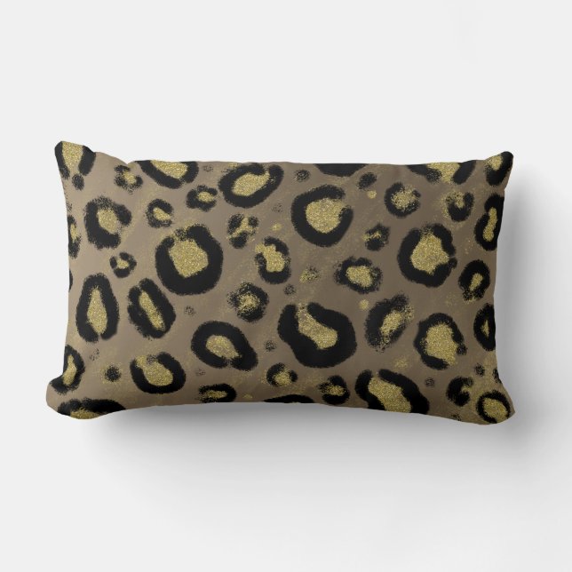 Coussin Rectangle Pailleté Or Brun & Imprimé Léopard Tacheté Noir (Recto)