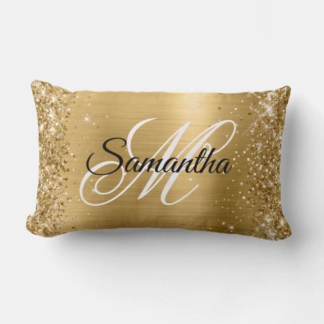 Coussin Rectangle Pailleté Or Satin Feuille Monogramme (Recto)