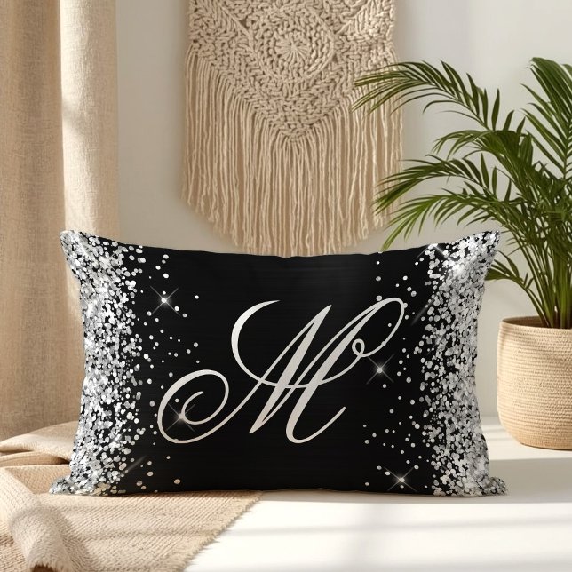 Coussin Rectangle Paillettes Argentées Noir Feuille Monogrammé Fanta (Silver Glitter Black Foil Fancy Monogrammed Lumbar Pillow)