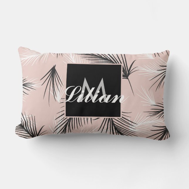 Coussin Rectangle Palmes Noir Blanc Tonte Rose Pink Monogramme (Recto)
