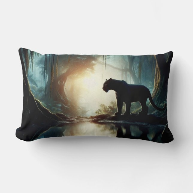Coussin Rectangle Panthère noire reflétée dans la piscine d'eau dans (Recto)