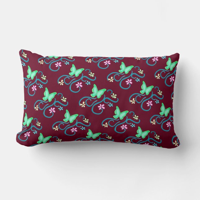 Coussin Rectangle Papillon vert avec Fleurs de printemps Lumbar Cous (Recto)