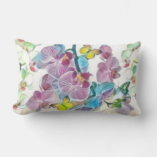 Coussin Rectangle Papillons aux fleurs d'orchidées roses aquarelle