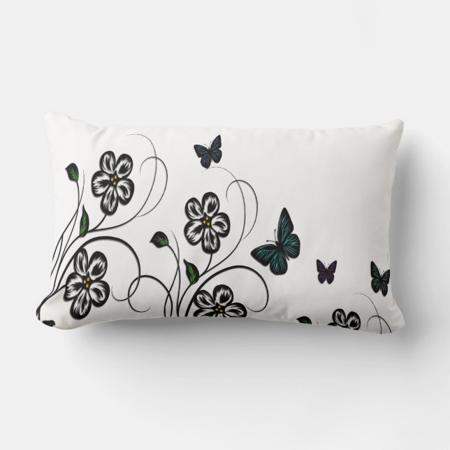 Coussin Rectangle Papillons colorés sur Fleurs blanches (Recto)