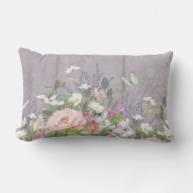 Coussin Rectangle Papillons de pivoine de lavande florale Art rustiq (Recto)