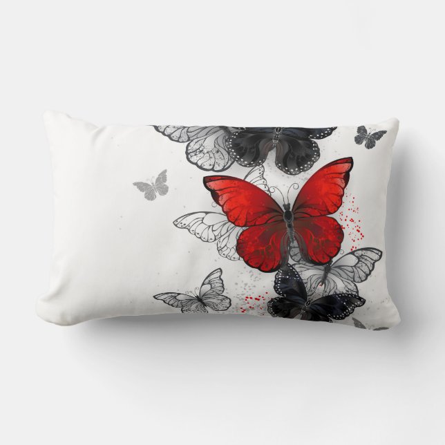 Coussin Rectangle Papillons noirs et rouges volants (Recto)