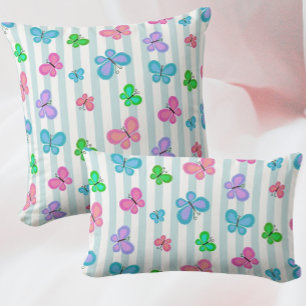 Coussin Rectangle Papillons pastel quilty sur rayure bleu blanc