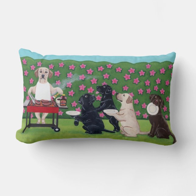 Coussin Rectangle Partie Labradors de BBQ dans le jardin d'azalée (Recto)