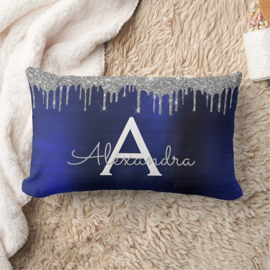 Coussin Rectangle Parties scintillant bleue Silver Navy Nom du monog (Couverture)