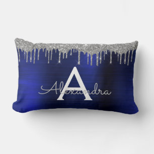 Coussin Rectangle Parties scintillant bleue Silver Navy Nom du monog