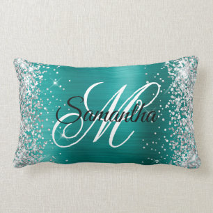 Coussin Rectangle Parties scintillant en argent Shiny Aqua Turquoise