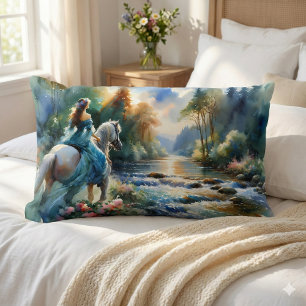 Coussin Rectangle Paysage onirique de rivière forestière avec cavali