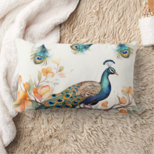 Coussin Rectangle Peacock avec plumes tombantes et fleurs orange
