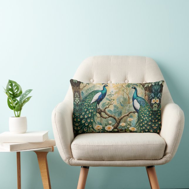 Coussin Rectangle Peacock Golden Turquoise Floral Jungle (Chaise)