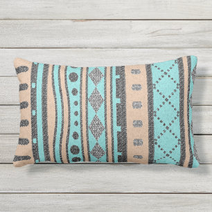 Coussin Rectangle Pêche Et Motif Tribal Turquoise