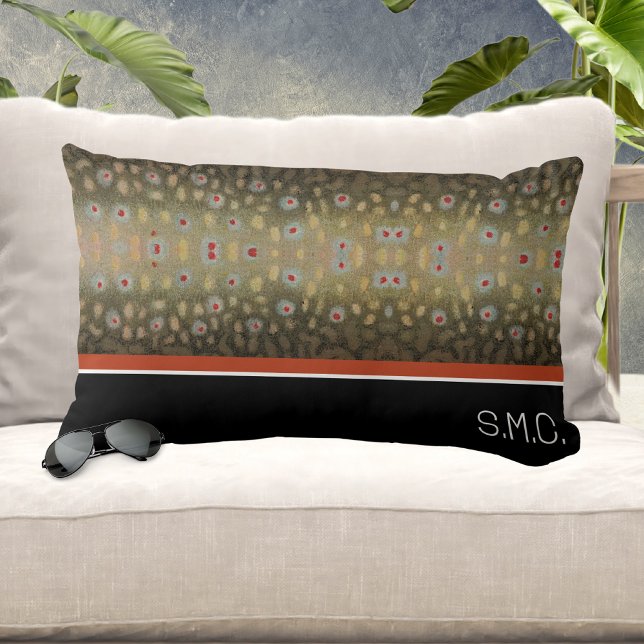 Coussin Rectangle Pêcheur Brook Truite Poisson Olive Black White Rus (Créateur téléchargé)