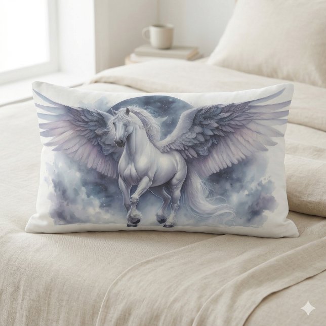 Coussin Rectangle Pégase Blanc Ailes au Clair de Lune Rêve Céleste (White Pegasus Moonlit Wings Celestial Dream Lumbar Pillow)