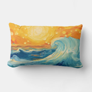 Coussin Rectangle Peinture à l'huile côtière Soleil et vagues