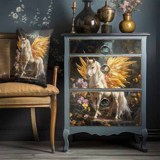 Coussin Rectangle Peinture Classique Pegasus Blanc Avec Ailes Dorées