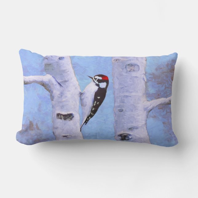Coussin Rectangle Peinture Downy Woodpecker - Art original pour oise (Recto)