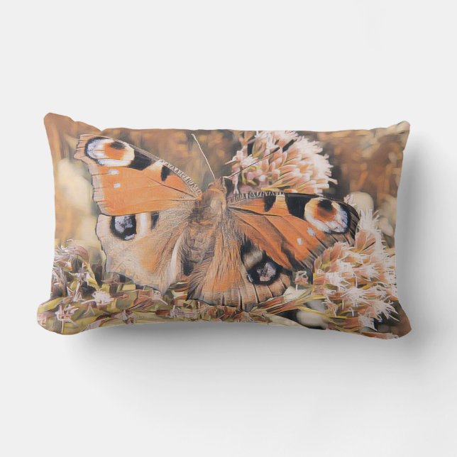 Coussin Rectangle Peinture d'un papillon orange sur fleurs (Recto)