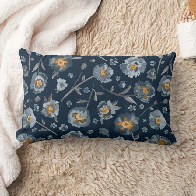 Coussin Rectangle Pépites Gris Bleu Motif Floral (Poppies Blue Gray Floral Pattern Lumbar Pillow from Studio Posies.)