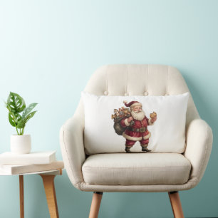 Coussin Rectangle Père Noël vintage avec sac de jouets et friandise