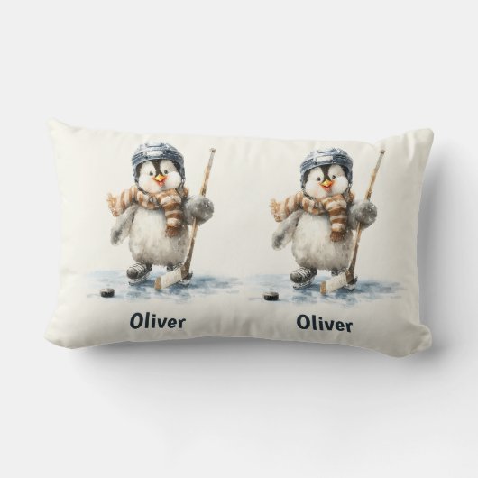Coussin Rectangle Personalized Winter Penguin Hockey Kid (Verso)