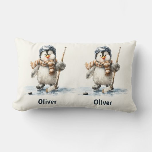 Coussin Rectangle Personalized Winter Penguin Hockey Kid (Recto)