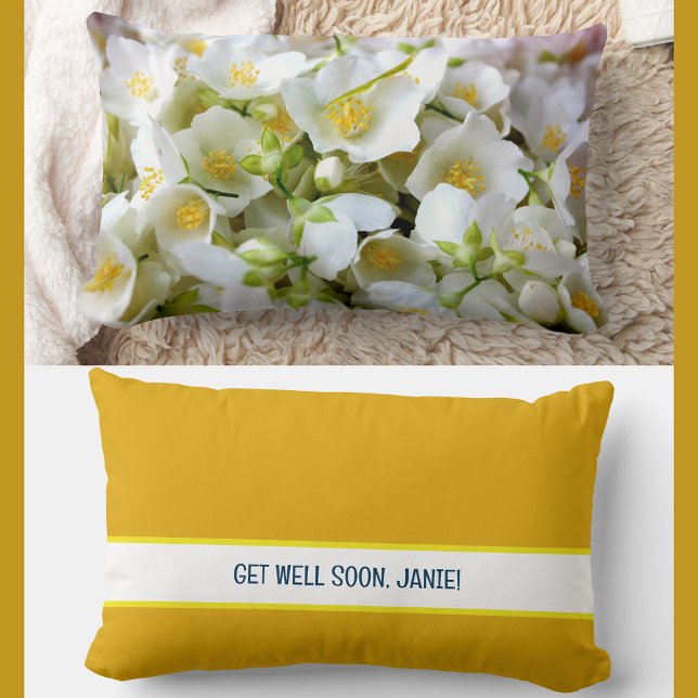 Coussin Rectangle Personnaliser Se Bien Bientôt Coworker Jasmine Flo (Elegant, modern personalized name Get Well Soon floral pillow. Jasmine flowers photo. Burnt yellow)