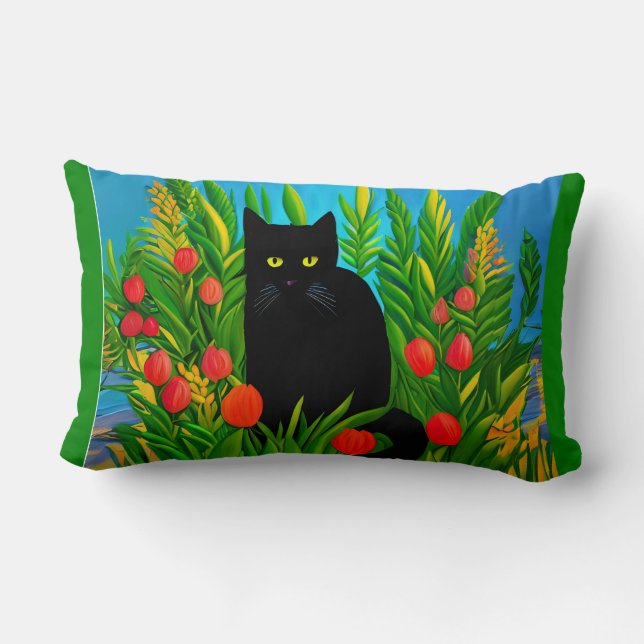 Coussin Rectangle Petit chat noir dans un jardin de tulipes (Verso)