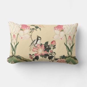 COUSSIN RECTANGLE PETIT OISEAU AVEC ROSES PINK ET FLEURS DE LOTUS