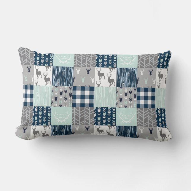 Coussin Rectangle Petite patchwork homme - Menthe, Marine et gris (Recto)