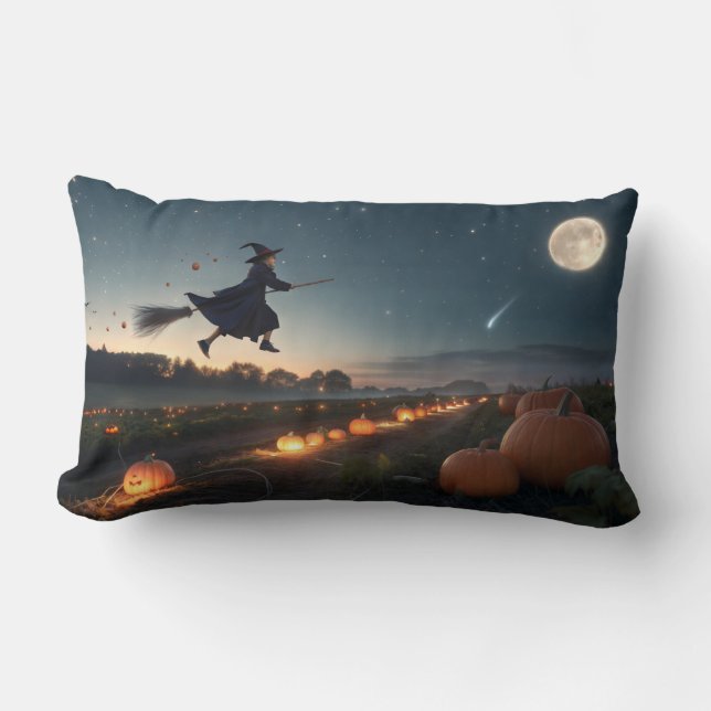 Coussin Rectangle Petite sorcière magique volant la nuit d'Halloween (Recto)