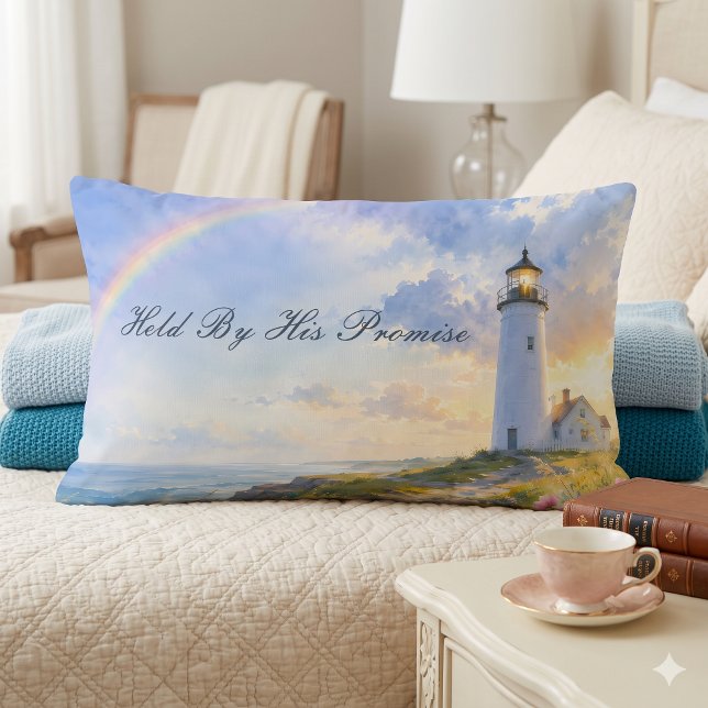 Coussin Rectangle Phare Arc-en-Ciel Aquarelle Côtière (Rainbow Lighthouse Coastal Watercolor Lumbar Pillow)
