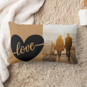 Coussin Rectangle Photo d'amour de cœur de script noir or élégant