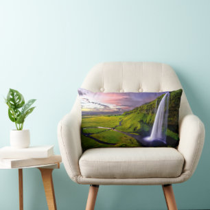 Coussin Rectangle Photo de cascade islandaise verte et naturelle