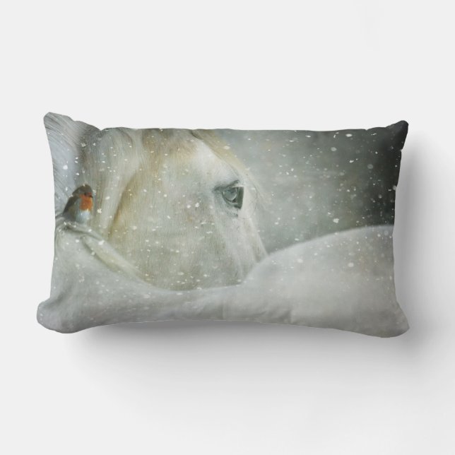Coussin Rectangle Photo de White Horse and Bird en hiver (Recto)