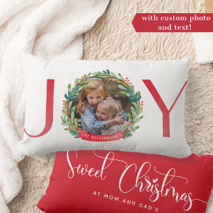 Coussin Rectangle Photo Joy Photo Overlay Greenery Holly Wreath