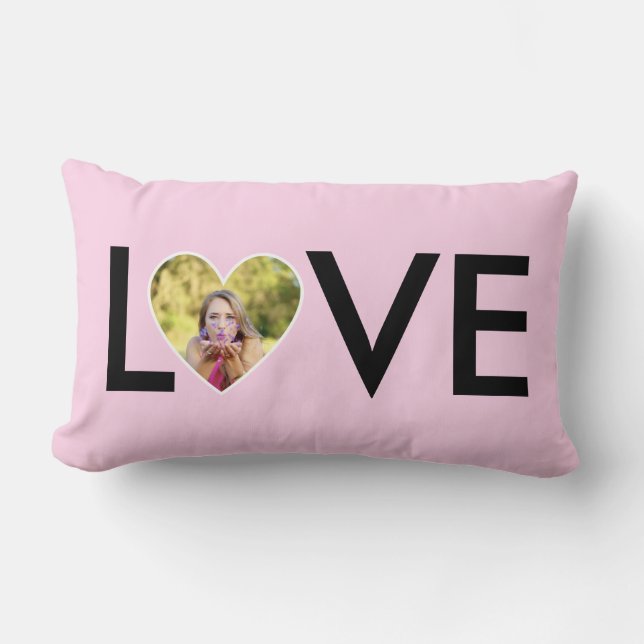 Coussin Rectangle Photo personnalisée dans le cadre de coeur rose bé (Recto)