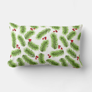 Coussin Rectangle Pin vert de Noël Feuilles & Baies rouges en blanc